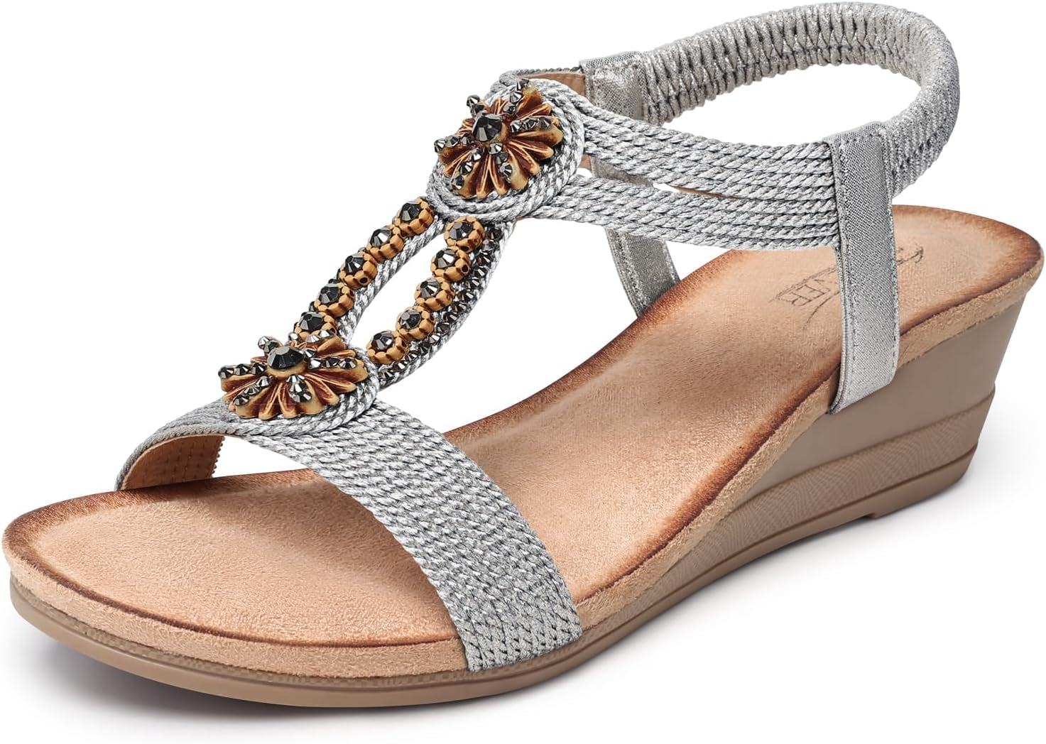 Womens Wedge Sandals Flower Low Heel Dressy Sandals Elastic Ankle Strap Rhinestone Summer Comfortable Shoe