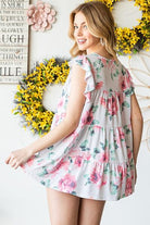 Heimish Full Size Butterfly Short Sleeve round Neck Floral Print Tiered Top plus Size