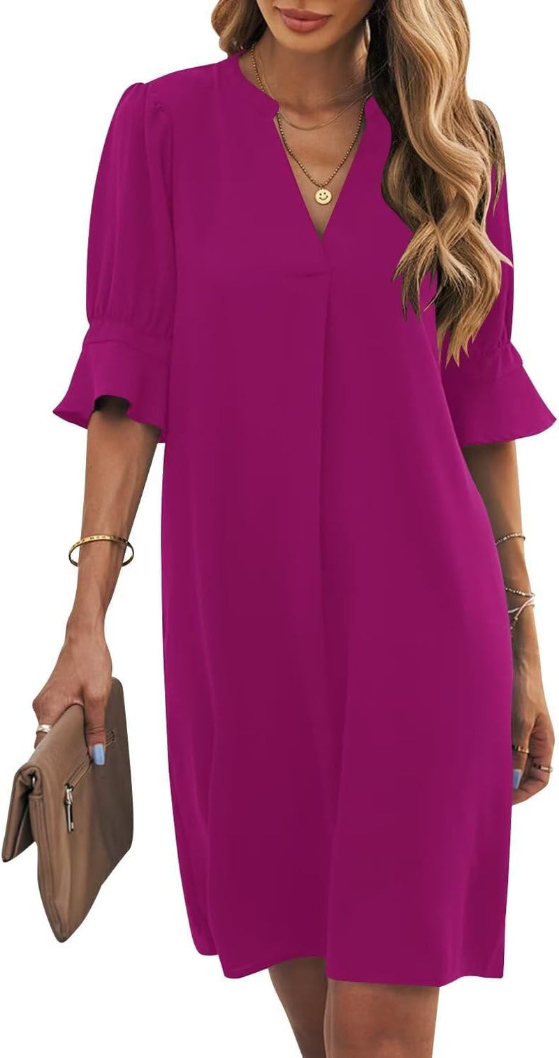 Shift Dress for Women V Neck Short Sleeves Solid Color Casual Flowy Summer Dresses(S-2Xl)