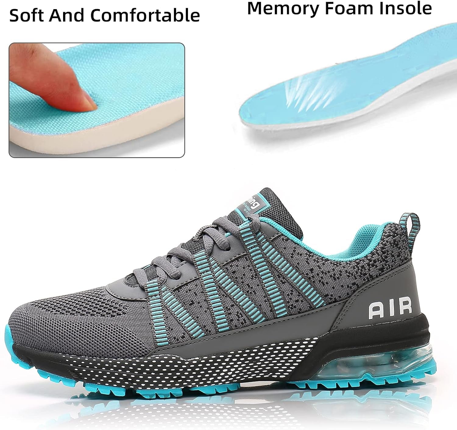Women Running Shoes Air Cushion Shock Absorption Non Slip Sneakers Mesh Breathable Tennis Walking Shoes for Fitness Jogging Shopping Cyan 10.5