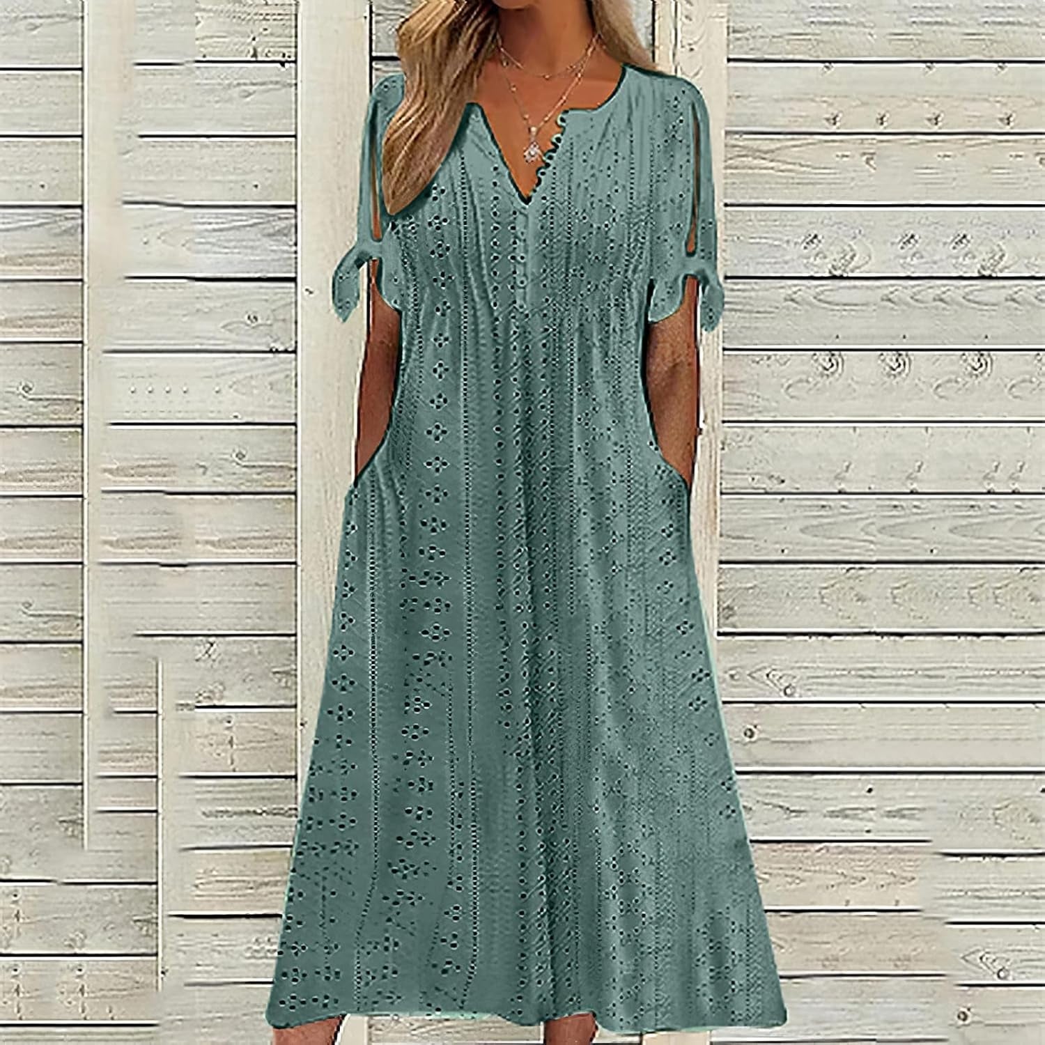 Womens Boho Eyelet Pastel Dress Button V Neck Tie Knot Short Sleeve Vacation Beach Midi Dresses with Pockets
