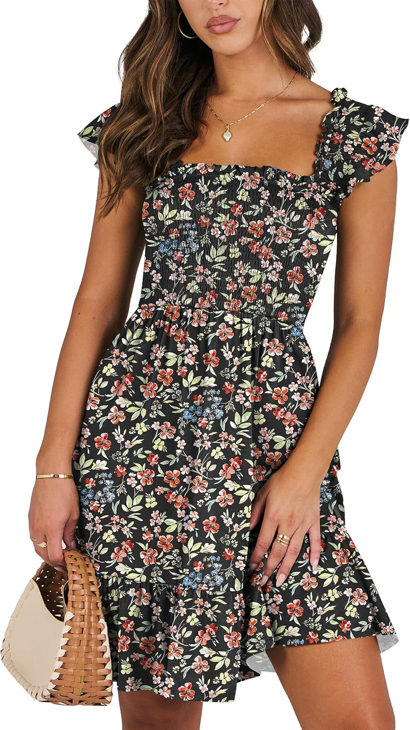 Women'S Summer Casual Sleeveless Square Neck Dress 2025 Smocked Ruffle Backless Boho Beach Cute Teen Short Sundress