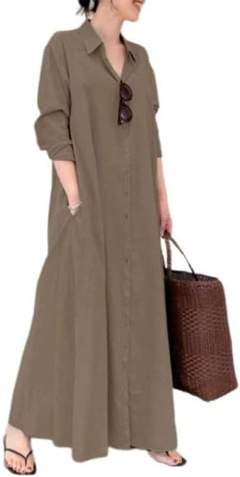 Womens Button down Cotton Linen Dress Long Sleeve Shirt Dress with Pockets