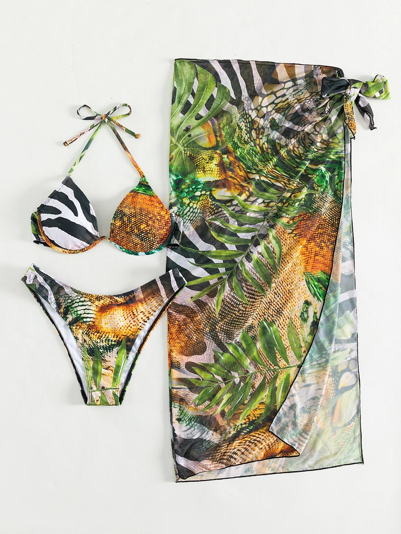 Swim SXY Summer Beach Tropical Print Push up Bikini Set with Beach Skirt