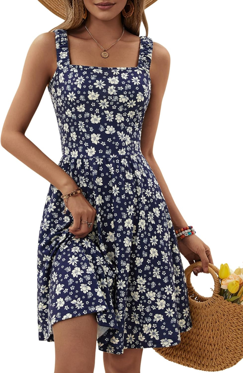 Women'S Summer Casual Square Neck Dress with Pocket Cute Sleeveless High Waist A-Line Sundress Midi Dresses