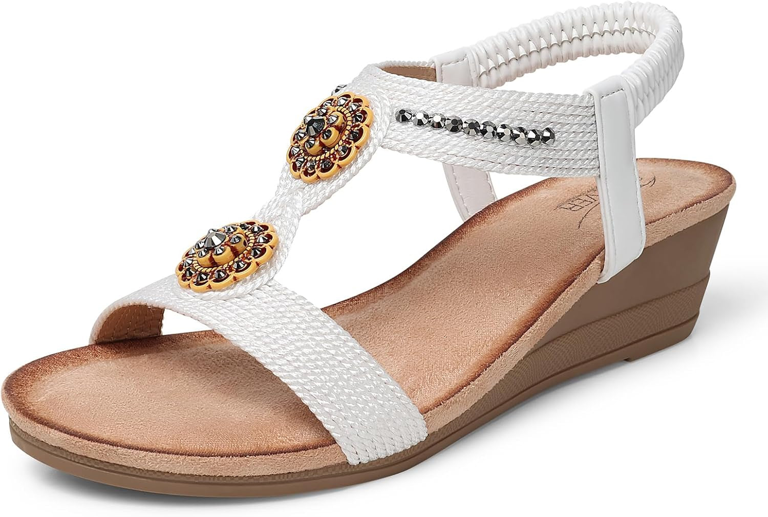 Womens Wedge Sandals Flower Low Heel Dressy Sandals Elastic Ankle Strap Rhinestone Summer Comfortable Shoe