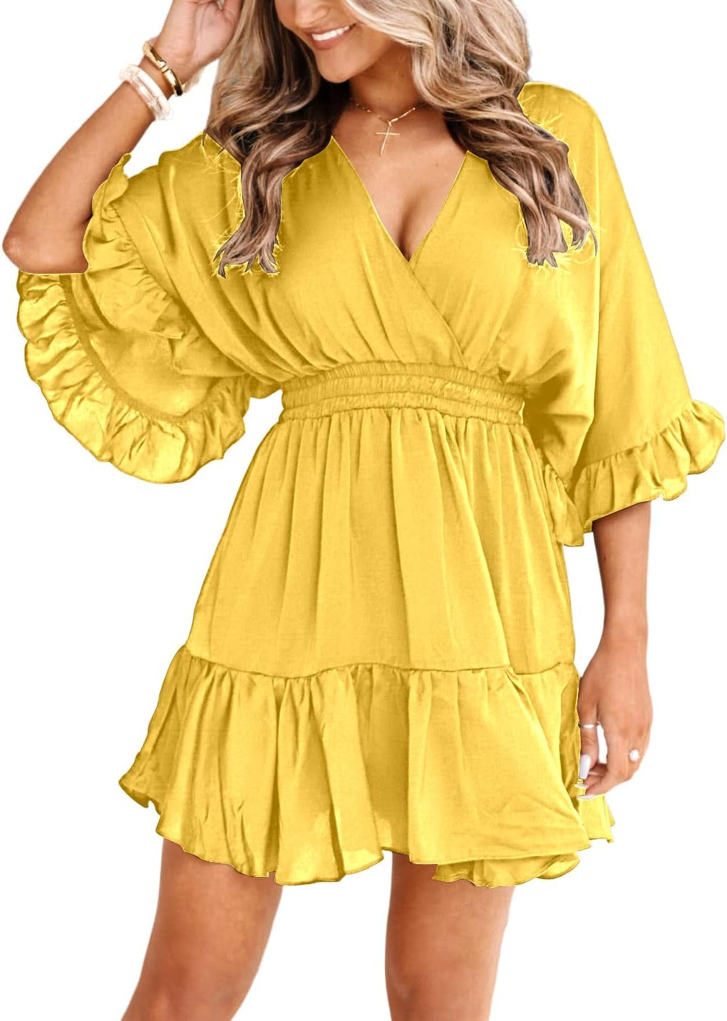 Womens V Neck Casual Dresses Summer Loose High Waist Ruffle Pleated Cute Mini Short Dress