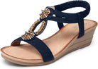 Womens Wedge Sandals Flower Low Heel Dressy Sandals Elastic Ankle Strap Rhinestone Summer Comfortable Shoe
