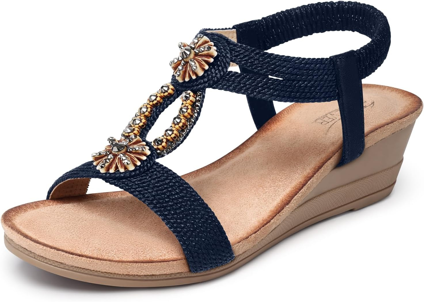 Womens Wedge Sandals Flower Low Heel Dressy Sandals Elastic Ankle Strap Rhinestone Summer Comfortable Shoe