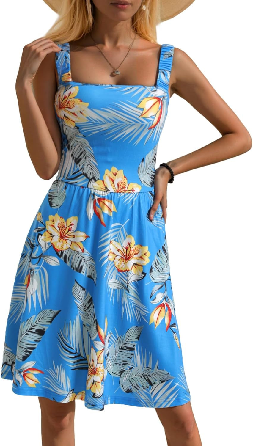 Women'S Summer Casual Square Neck Dress with Pocket Cute Sleeveless High Waist A-Line Sundress Midi Dresses