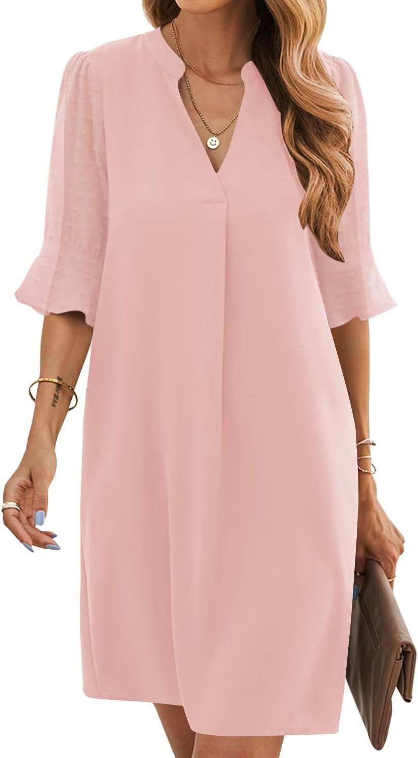 Shift Dress for Women V Neck Short Sleeves Solid Color Casual Flowy Summer Dresses(S-2Xl)