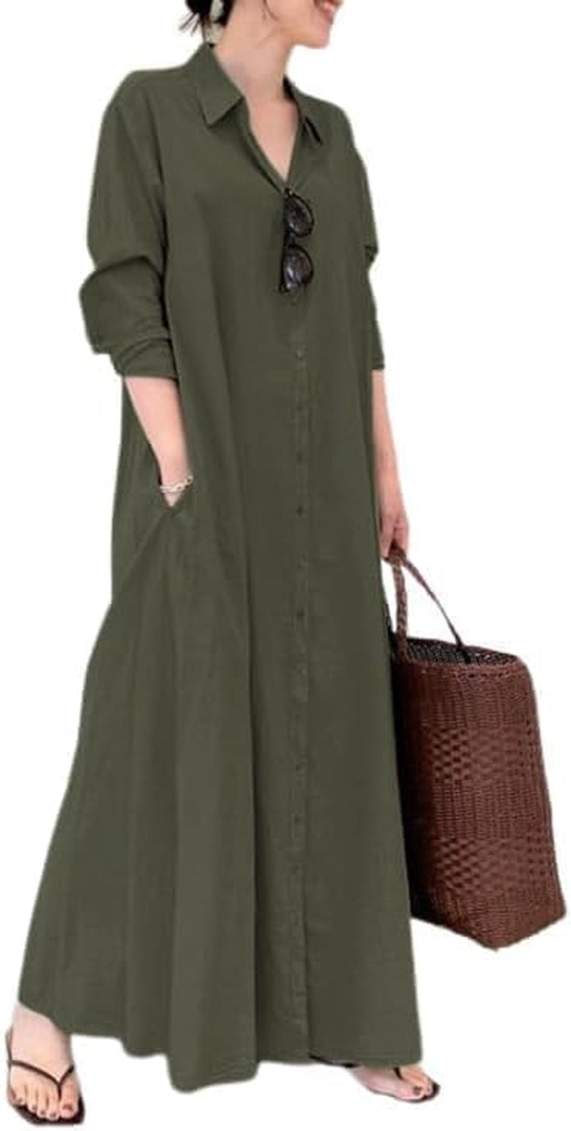 Womens Button down Cotton Linen Dress Long Sleeve Shirt Dress with Pockets