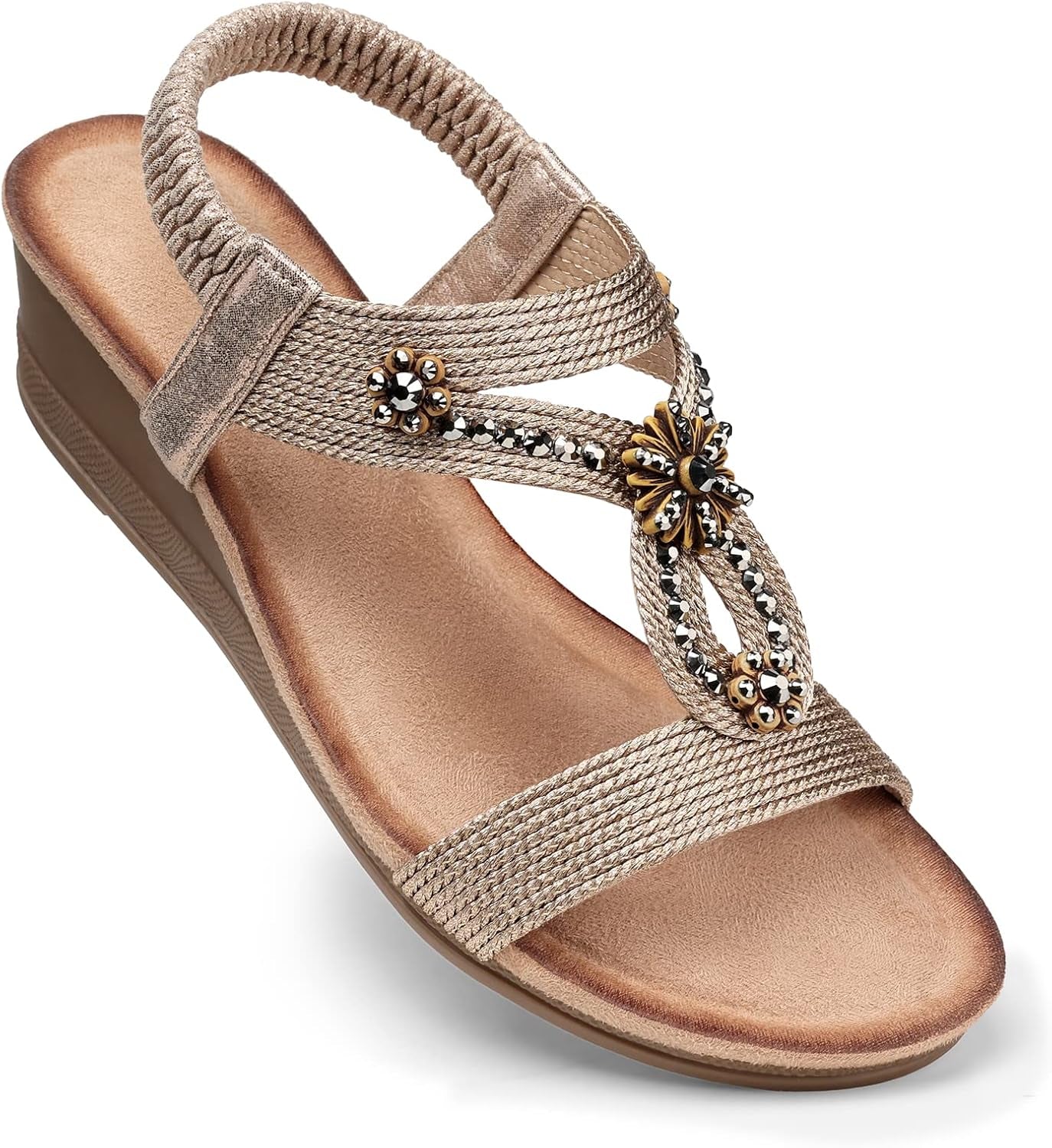 Womens Wedge Sandals Flower Low Heel Dressy Sandals Elastic Ankle Strap Rhinestone Summer Comfortable Shoe