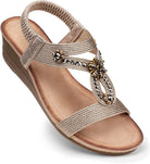 Womens Wedge Sandals Flower Low Heel Dressy Sandals Elastic Ankle Strap Rhinestone Summer Comfortable Shoe