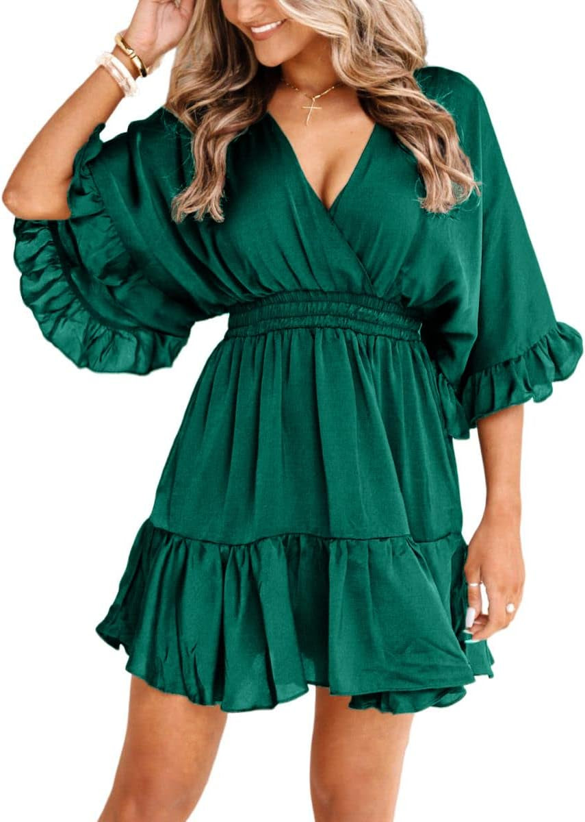 Womens V Neck Casual Dresses Summer Loose High Waist Ruffle Pleated Cute Mini Short Dress