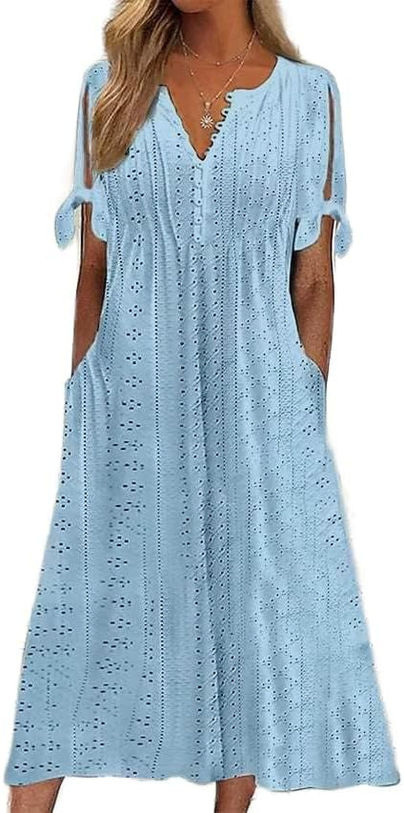 Womens Boho Eyelet Pastel Dress Button V Neck Tie Knot Short Sleeve Vacation Beach Midi Dresses with Pockets