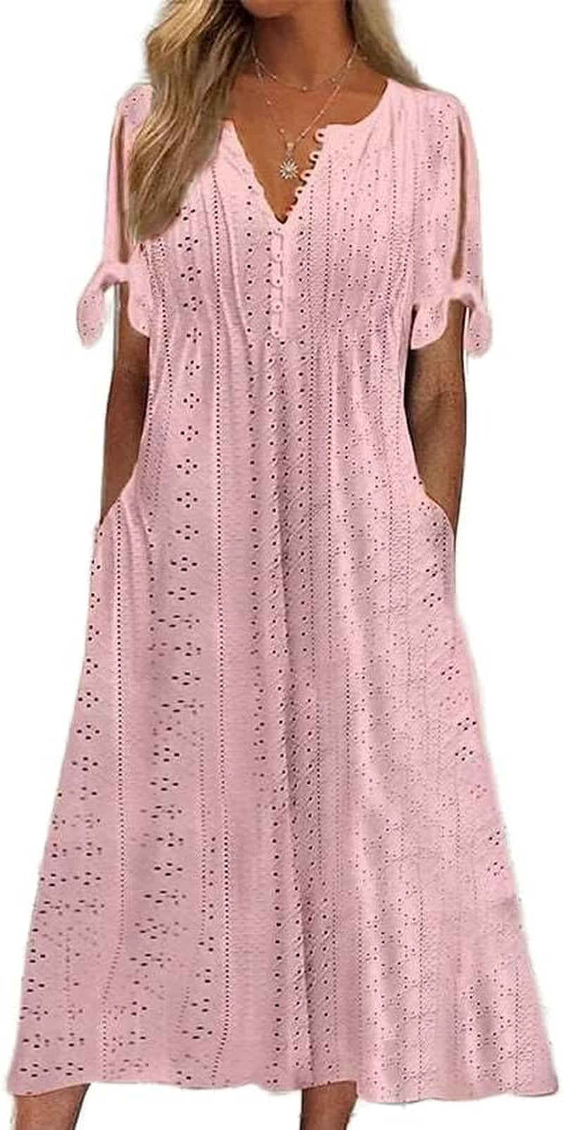 Womens Boho Eyelet Pastel Dress Button V Neck Tie Knot Short Sleeve Vacation Beach Midi Dresses with Pockets