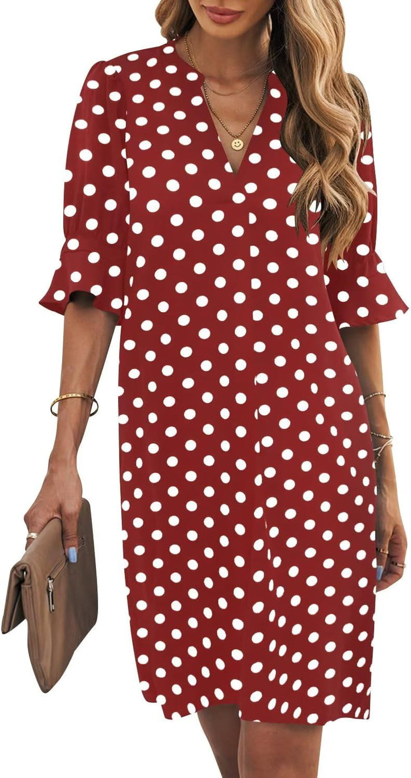 Shift Dress for Women V Neck Short Sleeves Solid Color Casual Flowy Summer Dresses(S-2Xl)