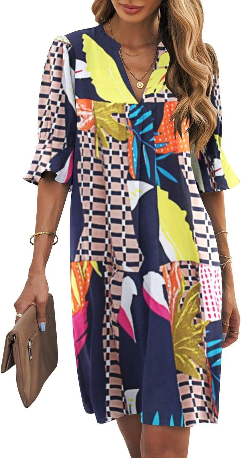 Shift Dress for Women V Neck Short Sleeves Solid Color Casual Flowy Summer Dresses(S-2Xl)