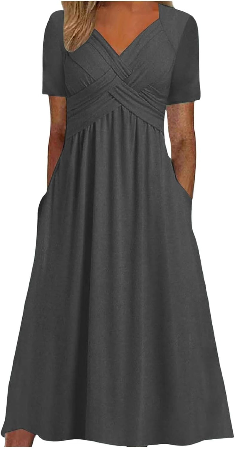 Womens Short Sleeve Dress Casual plus Size V-Neck Maxi Dresses a Line Flowy Beach Sundress with Pockets